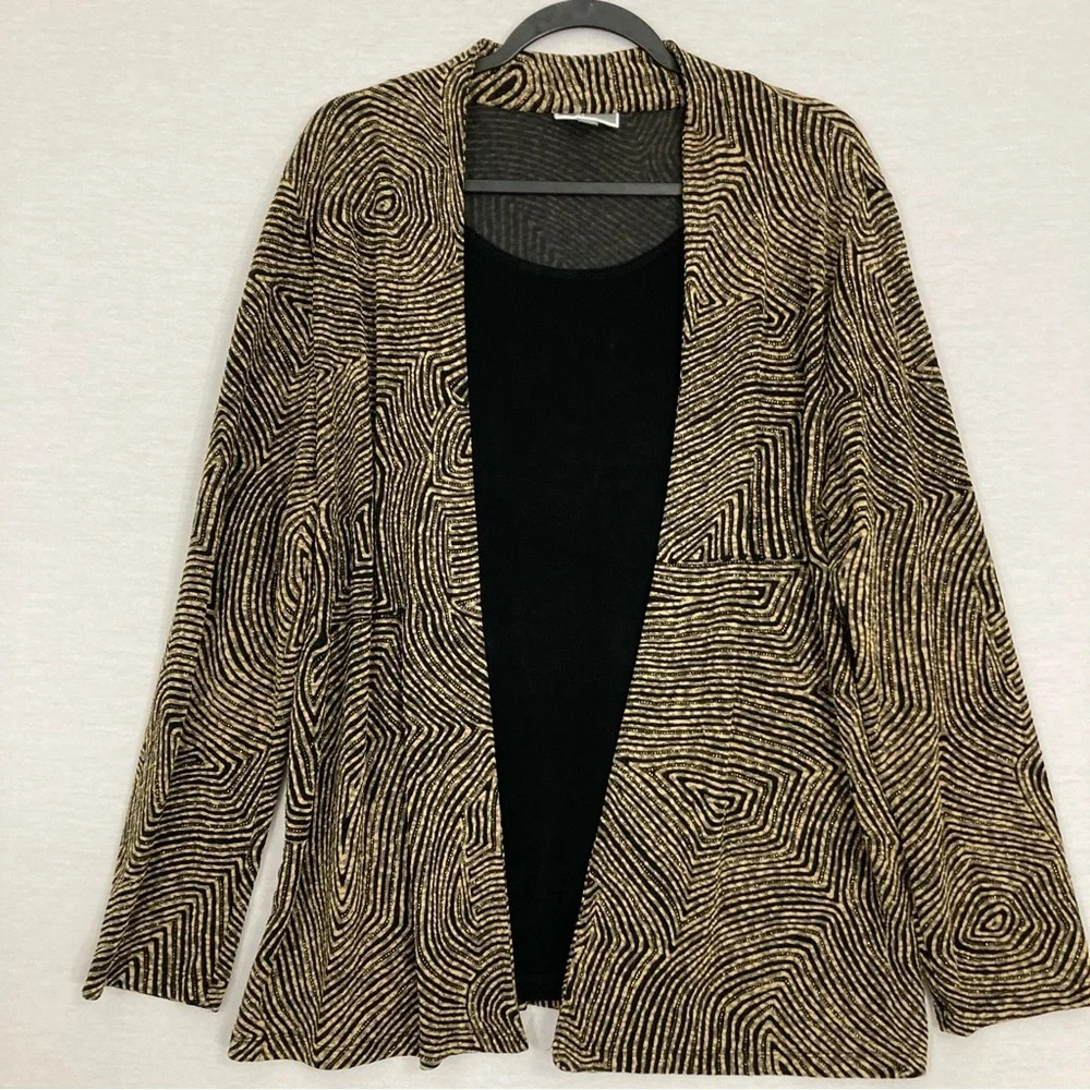 JM Collection Black Tan Abstract Print Stretch Layered Long Sleeve Top XL